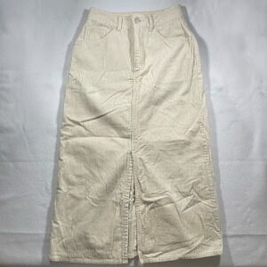 GU Women's Ivory Corduroy Maxi Skirt XS 24" Waist Front Slit 100% Cotton Casual